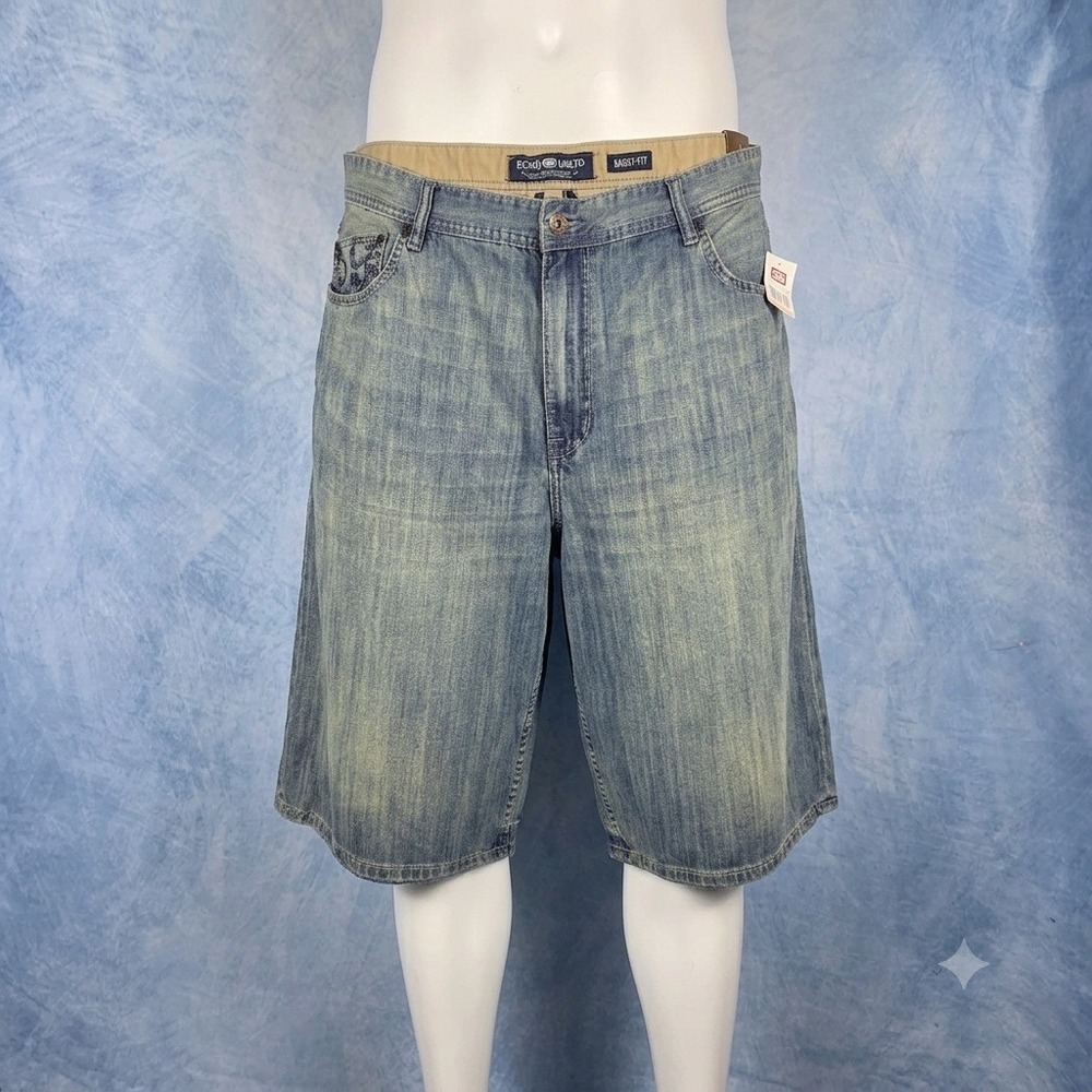 Ecko Unltd Mens Baggy Fit Denim Shorts 42 Light Stonewash Rhinos and Crowns New
